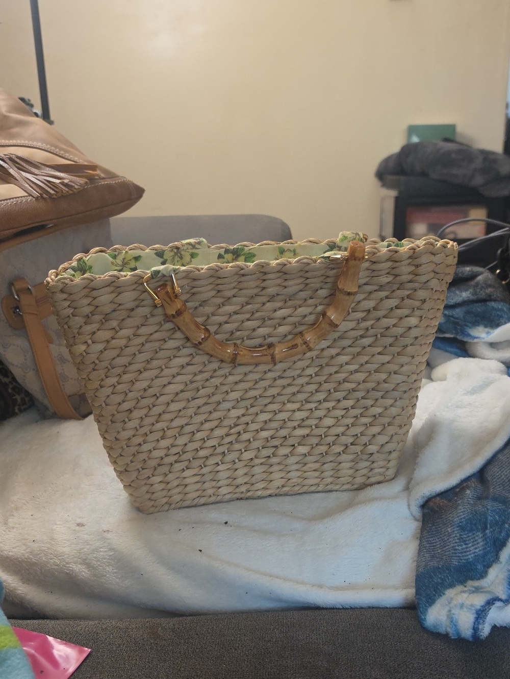 Vintage Cappelli Straworld Straw Handbag Woven Basket Purse Bamboo Handle Floral